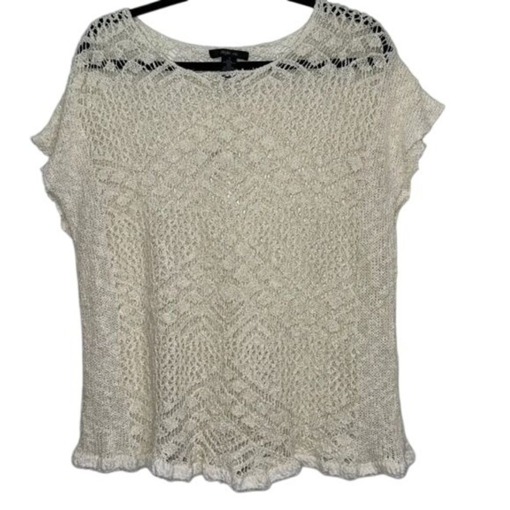 Style & Co Womens Cream Open Knit Short Sleeve Top S Acrylic & Polyester